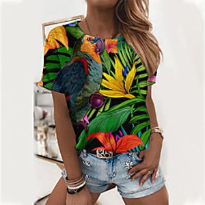 Women's Floral Theme T shirt Plants Leaf Flower Print Round Neck Basic Tops Blue Army Green Green miniinthebox