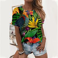 Women's Floral Theme T shirt Plants Leaf Flower Print Round Neck Basic Tops Blue Army Green Green miniinthebox - thumbnail