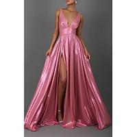 A-Line Prom Dresses Sparkle Dress Formal Wedding Guest Floor Length Sleeveless V Neck Satin with Pleats Slit 2024 Lightinthebox