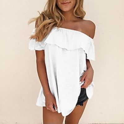 Women's Black White Pink Solid  Plain Color Ruffle Street Daily Daily Off Shoulder Regular Fit S Lightinthebox