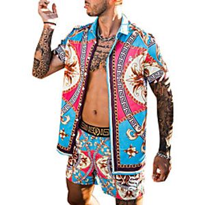 Men's Shirt Suits Shirt Floral Button-Down Short Sleeve Casual Tops Casual Fashion Breathable Comfortable Blue miniinthebox