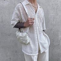 Men's Shirt Button Up Shirt Casual Shirt Summer Shirt Beach Shirt Black White Short Sleeve Plain Lapel Hawaiian Holiday Lace Clothing Apparel Fashion Casual Comfortable Lightinthebox