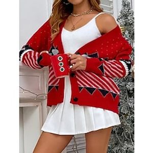 Women's Cardigan Sweater Jacket V Neck Ribbed Knit Polyester Button Knitted Fall Winter Regular Outdoor Daily Going out Fashion Streetwear Casual Long Sleeve Print off white Red One-Size Lightinthebox