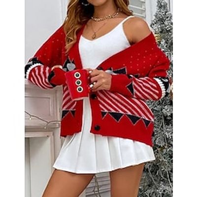 Women's Cardigan Sweater Jacket V Neck Ribbed Knit Polyester Button Knitted Fall Winter Regular Outdoor Daily Going out Fashion Streetwear Casual Long Sleeve Print off white Red One-Size Lightinthebox