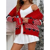 Women's Cardigan Sweater Jacket V Neck Ribbed Knit Polyester Button Knitted Fall Winter Regular Outdoor Daily Going out Fashion Streetwear Casual Long Sleeve Print off white Red One-Size Lightinthebox - thumbnail