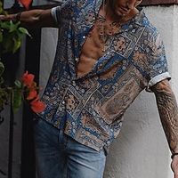 Floral Hawaiian Boho Resort Men's Shirt Button Up Shirt Casual Shirt Daily Wear Vacation Going out Spring  Summer Lapel Short Sleeves Dark Blue S, M, L Polyester Shirt Lightinthebox