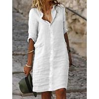 Women's White Dress Shirt Dress Casual Dress Mini Dress Linen Cotton Blend Button Basic Modern Daily Weekend Shirt Collar 3/4 Length Sleeve Summer Spring Black White Blue Plain Lightinthebox