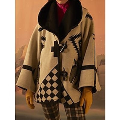 Women's CapesCloak Hooded Pea Coat Thermal Warm Winter Coat Aztec Print Warm Casual Jacket Long Sleeve Geometric Print Oversize Beige Lightinthebox