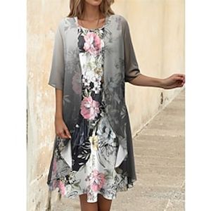 Women's Two Piece Dress Set Casual Dress Chiffon Dress Outdoor Holiday Fashion Modern Print Midi Dress Crew Neck Half Sleeve Floral Loose Fit Gray Spring S M L XL XXL Lightinthebox