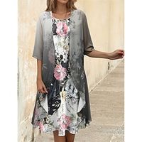 Women's Two Piece Dress Set Casual Dress Chiffon Dress Outdoor Holiday Fashion Modern Print Midi Dress Crew Neck Half Sleeve Floral Loose Fit Gray Spring S M L XL XXL Lightinthebox - thumbnail