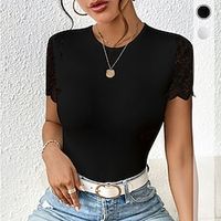 Women's Jumpsuit Plain Black White Lace Patchwork Short Sleeve Casual Fashion Round Neck Slim Spring  Summer Lightinthebox - thumbnail