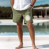 Men's Shorts Linen Shorts Summer Shorts Drawstring Elastic Waist Straight Leg Embroidery Comfort Breathable Short Casual Daily Holiday Linen Cotton Blend Fashion Classic Style Green miniinthebox