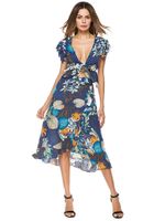 Bohemian Floral Short Sleeve V-neck Tops With Irregular Skirt Women Suit