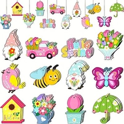 24pcs Spring Flower Ornaments Tulip Gnome Hanging Wooden Tree Ornaments Easter Party Flower Pendant Wooden Crafts With Rope For Home Decoration Lightinthebox