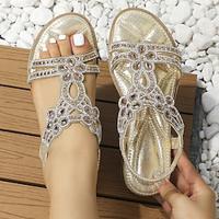 Women's Sandals Flats Boho Bohemia Beach Glitter Crystal Sequined Jeweled Comfort Shoes Outdoor Daily Embroidered Flowers Rhinestone Flat Heel Round Toe Bohemia Vacation Fashion PU Elastic Band Lightinthebox