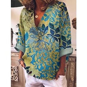 Women's Blouse Flower Daily Weekend Blouse Shirt Long Sleeve Print V Neck Casual Green S miniinthebox