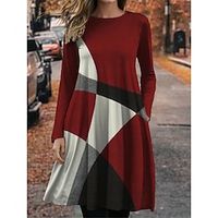 Women's Casual Dress Winter Dress T Shirt Dress Tee Dress Geometric Color Block Pocket Print Crew Neck Midi Dress Fashion Streetwear Outdoor Daily Long Sleeve Regular Fit Wine Blue Brown Fall Winter Lightinthebox - thumbnail