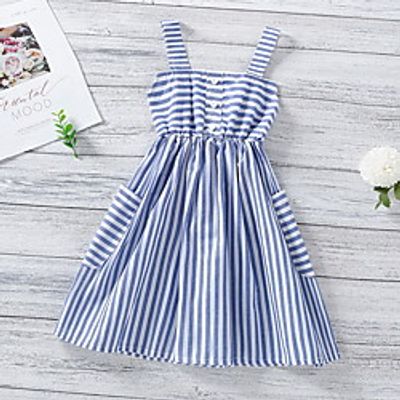 Kids Little Girls' Dress Striped Print Blue Knee-length Sleeveless Basic Dresses Summer Regular Fit 3-8 Years Lightinthebox