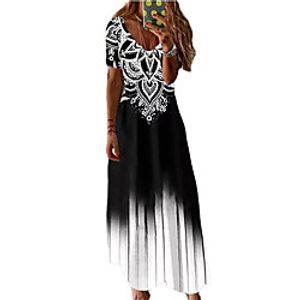 Women's A Line Dress Maxi long Dress Black Short Sleeve Floral Color Gradient Print Fall Summer V Neck Casual 2021 S M L XL XXL miniinthebox