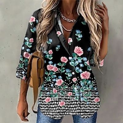 Women's Floral Theme Blouse Shirt Floral Button Print Shirt Collar Casual Streetwear Tops Green Blue Black / 3D Print miniinthebox Women's Floral Theme Blouse Shirt Floral Button Print Shirt Collar Casual Streetwear Tops Green Blue Black / 3D Print miniinthebox
