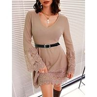 Women's Casual Dress Winter Dress Plain Dress Mini Dress Lace Patchwork Outdoor Daily Date Fashion Streetwear V Neck Long Sleeve 2023 Regular Fit Khaki Color S M L XL XXL Size Lightinthebox - thumbnail