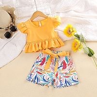 2 Pieces Kids Girls' Graphic Shorts Suit Set Short Sleeve Fashion Outdoor 3-7 Years Summer Yellow Lightinthebox - thumbnail