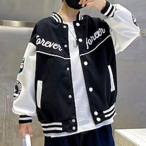 Kids Boys Baseball Jackets Outerwear Color Block Letter Stripe Long Sleeve Pocket Coat School Sports Fashion Streetwear Black Green Fall Winter 7-13 Years Lightinthebox