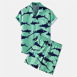 Men's Shirt Suits Shirt Shark Animal Button-Down Short Sleeve Casual Tops Cotton Casual Fashion Hawaiian Breathable Green miniinthebox