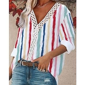 Women's Blouse Striped Daily Weekend Blouse Shirt Long Sleeve Lace Trims Print V Neck Casual Streetwear Red S / 3D Print miniinthebox