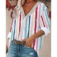 Women's Blouse Striped Daily Weekend Blouse Shirt Long Sleeve Lace Trims Print V Neck Casual Streetwear Red S / 3D Print miniinthebox - thumbnail