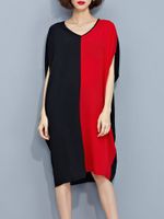 Casual Patchwork Loose Short Sleeve V-neck Dress For Women