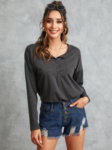 YOINS BASICS Grey Button Design V-neck Long Sleeves Tee