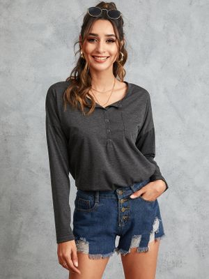 YOINS BASICS Grey Button Design V-neck Long Sleeves Tee