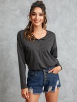 YOINS BASICS Grey Button Design V-neck Long Sleeves Tee - thumbnail