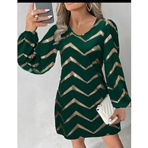 Women's Casual Dress Stripe Print U Neck Puff Sleeve Mini Dress Elegant Work Long Sleeve Regular Fit Black Red Blue Fall S M L XL XXL Lightinthebox