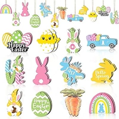24 Easter Decorations - Wooden hanging decorations for the Easter tree Easter home dcor - Easter eggs gnomes chicks bunnies2 miniinthebox