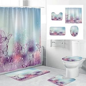 4Pcs Shower Curtain Set with Rug Toilet Lid Cover Sets with Non-Slip Rug Bath Mat for Bathroom,Butterfly Pattern,Waterproof Polyester Shower Curtain with 12 Hooks,Bathroom Decoration miniinthebox