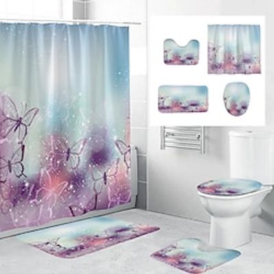4Pcs Shower Curtain Set with Rug Toilet Lid Cover Sets with Non-Slip Rug Bath Mat for Bathroom,Butterfly Pattern,Waterproof Polyester Shower Curtain with 12 Hooks,Bathroom Decoration miniinthebox