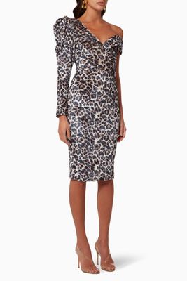 Leopard Velvet Statement Shoulder Midi Dress Leopard Velvet Statement Shoulder Midi Dress