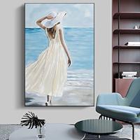 Handmade Abstract Beach and Girl Artwork Blue Seascape Painting Coastal Wall Art On Canvas For Living Room (No Frame) Lightinthebox