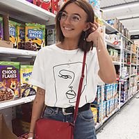 Women's T shirt Graphic Print Round Neck Tops Cotton Basic Basic Top White Khaki Light Blue Lightinthebox - thumbnail