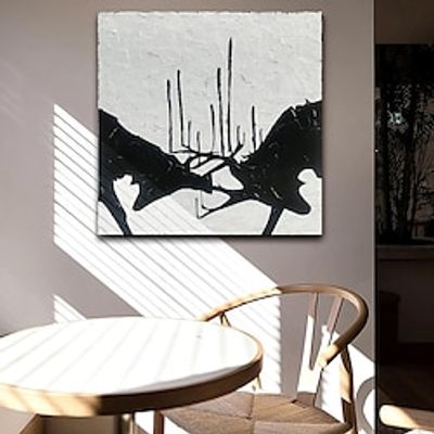 Handmade Oil Painting Canvas Wall Art Decoration Black and White Thick Texture Animal Deer for Home Decor Rolled Frameless Unstretched Painting miniinthebox