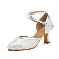 Women's Modern Shoes Ballroom Shoes Performance Ballroom Dance Waltz Heel Glitter Solid Color Cuban Heel Closed Toe Cross Strap Adults' Gold Silver miniinthebox - thumbnail