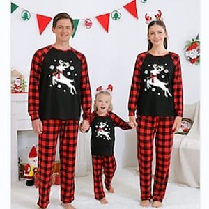 Christmas Pajamas Family Set Ugly Plaid Deer Home Black Long Sleeve Mom Dad and Me Basic Matching Outfits Lightinthebox