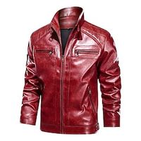 Men's Faux Leather Jacket Biker Jacket Motorcycle Jacket Outdoor Daily Wear Warm Pocket Fall Winter Plain Fashion Streetwear Lapel Regular Black Red Coffee Jacket Lightinthebox - thumbnail