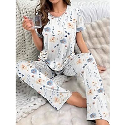 Women's Pajamas Sets Floral Loungewear Sets Flower Pastoral Home Bed Polyester Crew Neck Summer Spring Yellow Pink Lightinthebox Women's Pajamas Sets Floral Loungewear Sets Flower Pastoral Home Bed Polyester Crew Neck Summer Spring Yellow Pink Lightinthebox