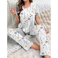 Women's Pajamas Sets Floral Loungewear Sets Flower Pastoral Home Bed Polyester Crew Neck Summer Spring Yellow Pink Lightinthebox - thumbnail