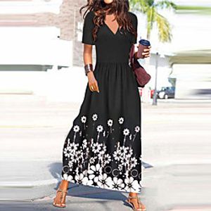 Women's A Line Dress Maxi long Dress Black Short Sleeve Floral Print Summer V Neck Casual 2021 S M L XL XXL / Cotton miniinthebox