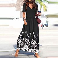 Women's A Line Dress Maxi long Dress Black Short Sleeve Floral Print Summer V Neck Casual 2021 S M L XL XXL / Cotton miniinthebox - thumbnail