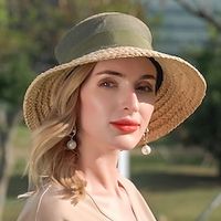 Hats Fiber Bucket Hat Floppy Hat Straw Hat Wedding Tea Party Elegant Classic With Ribbons Headpiece Headwear Lightinthebox - thumbnail